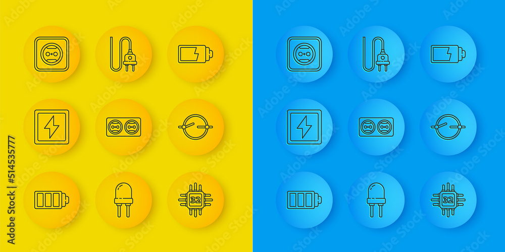 Set line Battery charge level indicator, Lightning bolt, Electrical outlet, Processor with microcirc