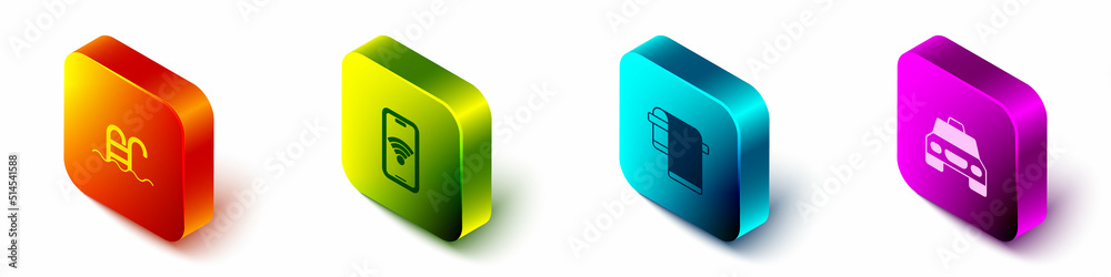 Set Isometric Swimming pool, Mobile with wi-fi wireless, Towel on hanger and Taxi car icon. Vector