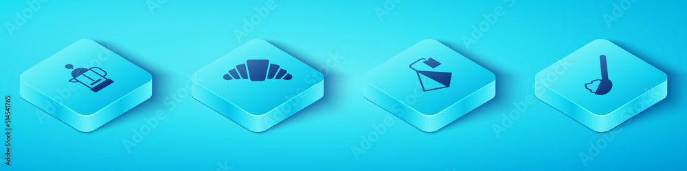 Set Isometric French press，Croissant，Spoon with sugar and Tea bag icon.Vvector（设置等距法式压榨机、牛角面包、糖勺和茶包图