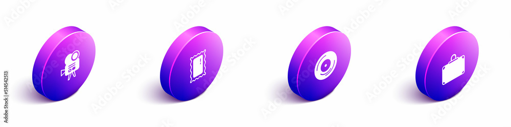 Set Isometric Retro cinema camera, Big full length mirror, Vinyl disk and Suitcase icon. Vector