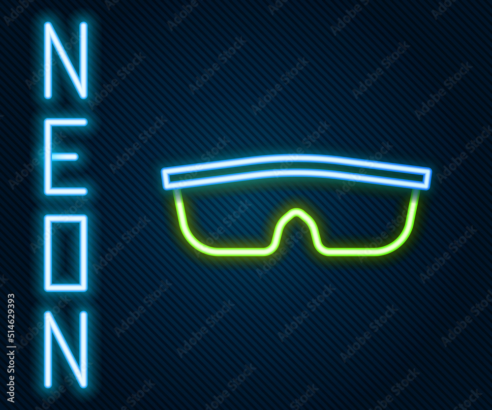 Glowing neon line Sport cycling sunglasses icon isolated on black background. Sport glasses icon. Co