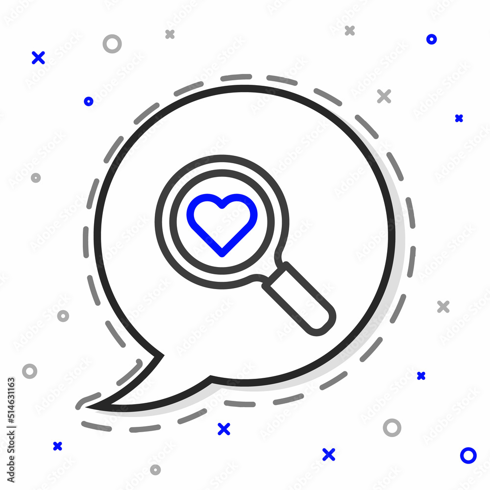 Line Search heart and love icon isolated on white background.放大镜，里面有心脏。哈