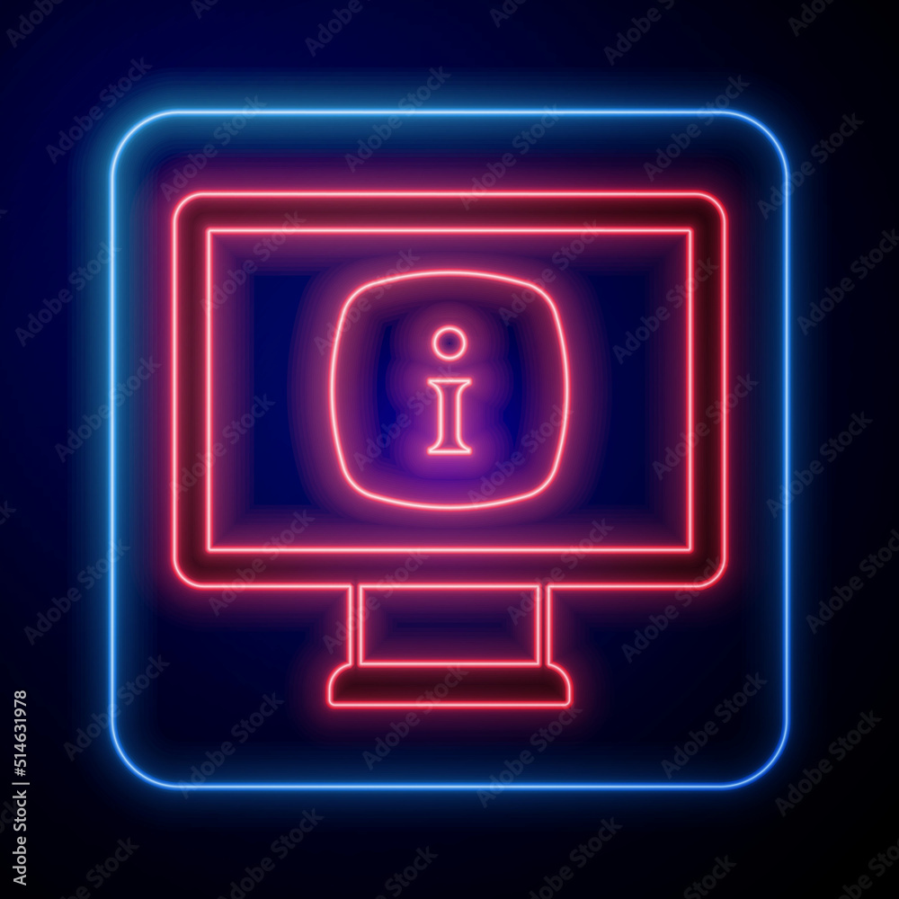 Glowing neon Monitor with information icon isolated on black background. Vector