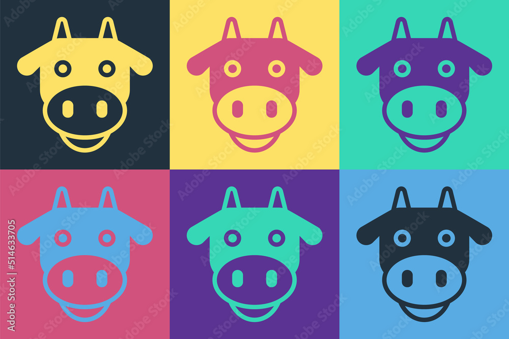 Pop art Cow head icon isolated on color background. Vector