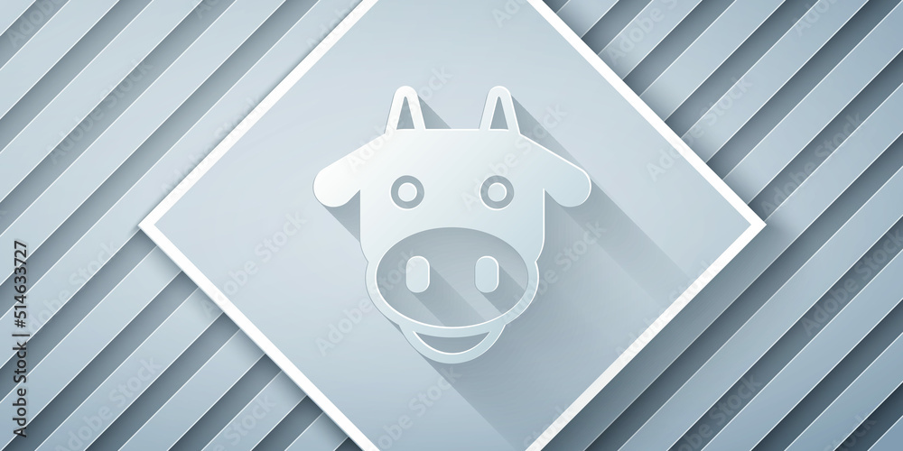 Paper cut Cow head icon isolated on grey background. Paper art style. Vector