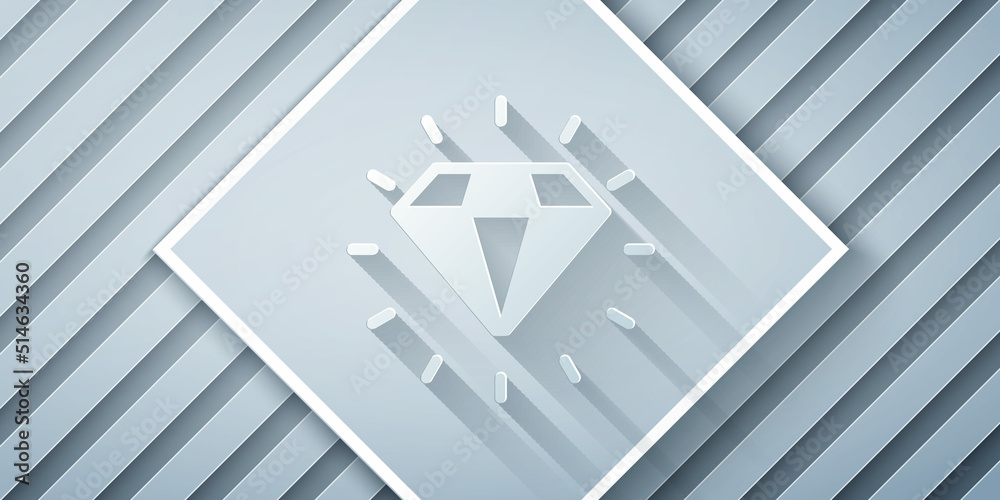 Paper cut Diamond icon isolated on grey background. Jewelry symbol. Gem stone. Paper art style. Vect