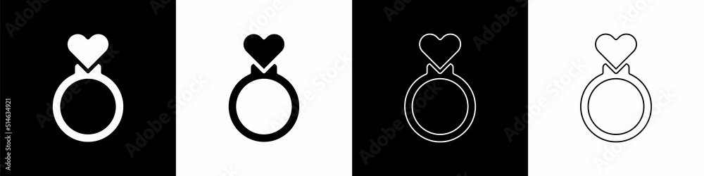 Set Wedding rings icon isolated on black and white background. Bride and groom jewelry sign. Marriag