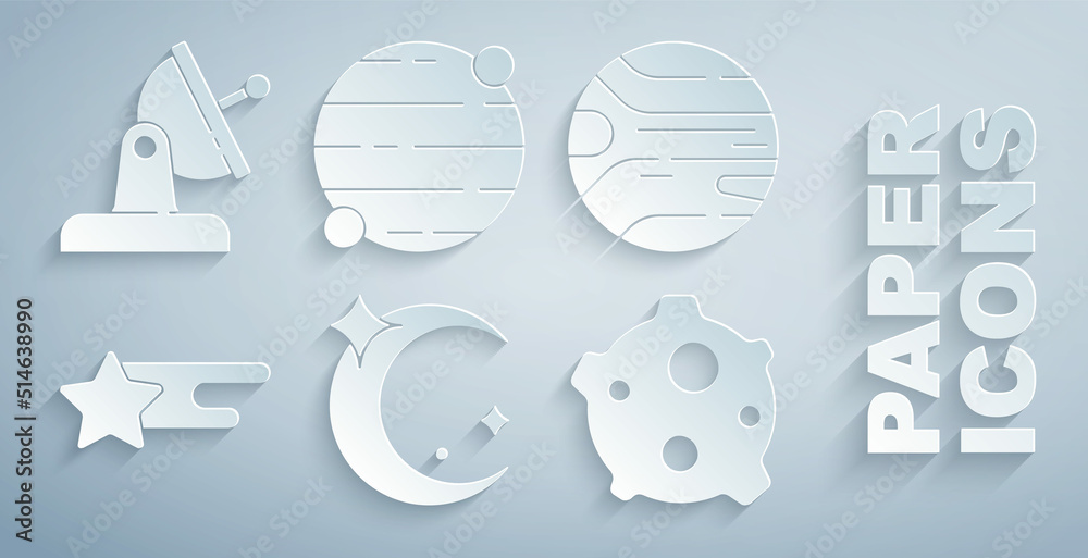 Set Moon and stars, Planet, Falling, Asteroid, and Satellite dish icon. Vector