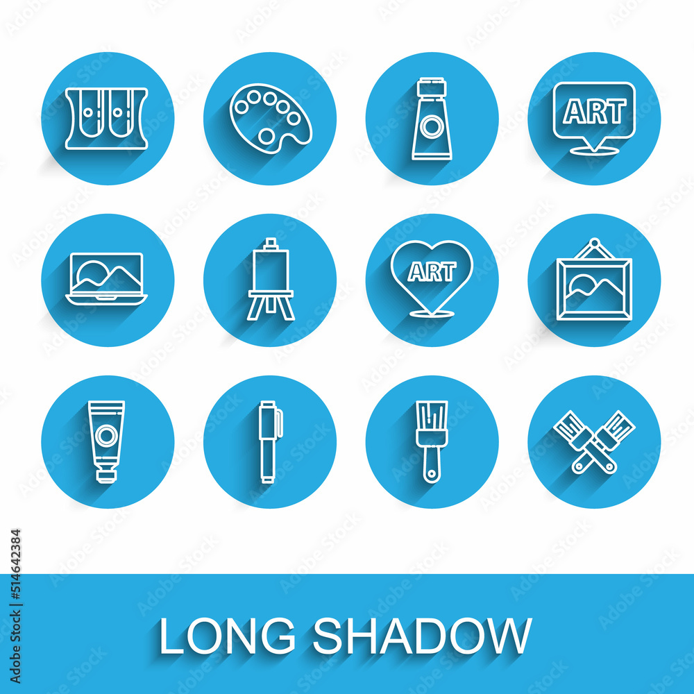 Set line Tube with paint palette, Pen, Pencil sharpener, Paint brush, Crossed, Easel or painting art