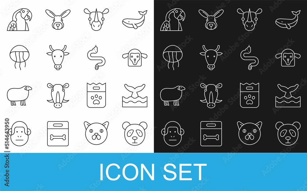 Set line Cute panda face, Whale tail in ocean wave, Sheep head, Rhinoceros, Cow, Jellyfish, Macaw pa