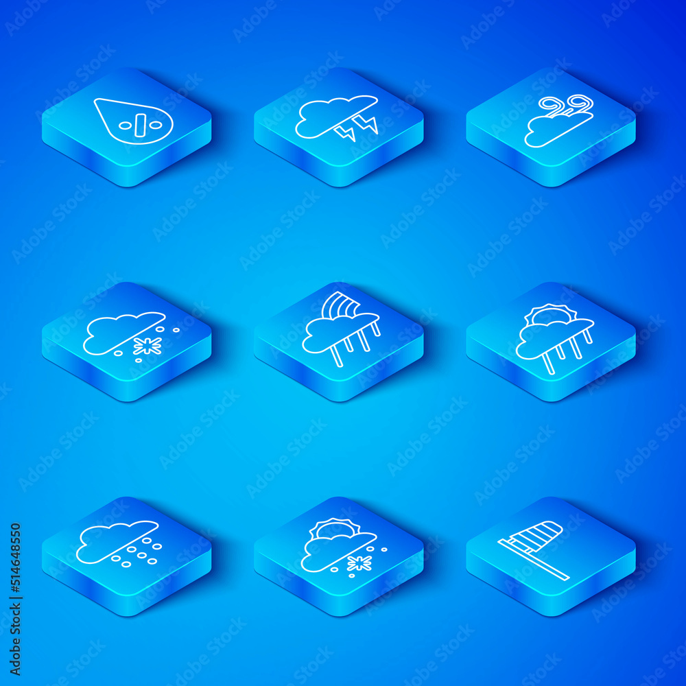 Set line Cloud with rain, Rainbow cloud and, snow sun, Windy weather, Water drop percentage and Cone