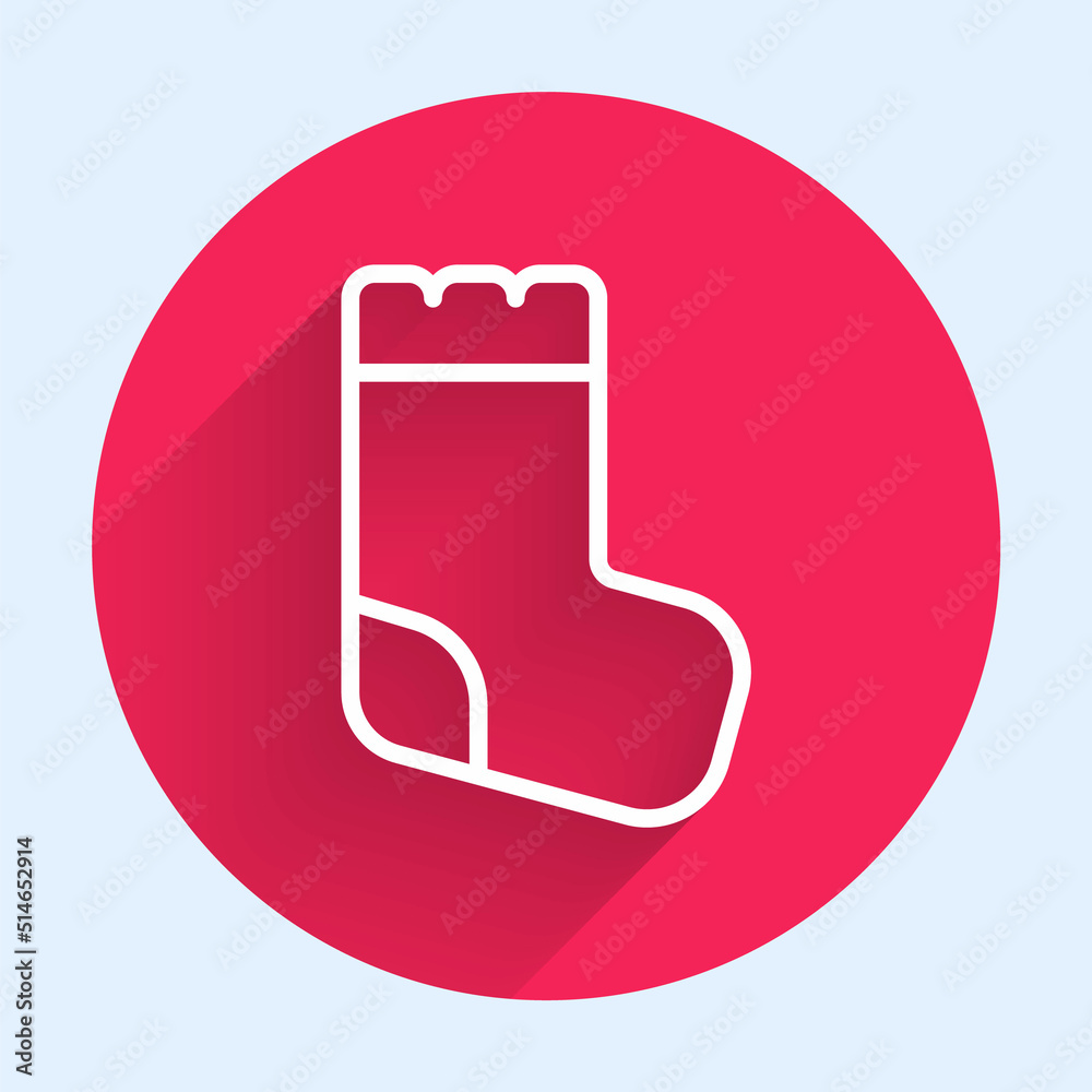 White line Baby socks clothes icon isolated with long shadow background. Red circle button. Vector