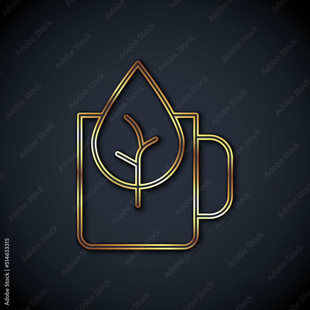 Gold line Cup of tea with leaf icon isolated on black background. Sweet natural food. Vector