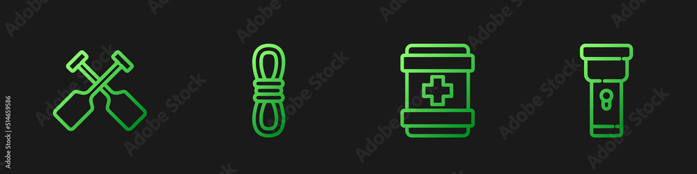 设置急救箱、桨板、攀爬绳和手电筒。渐变色图标。矢量