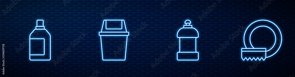 Set line Bottle for cleaning agent, , Trash can and Washing dishes. Glowing neon icon on brick wall.