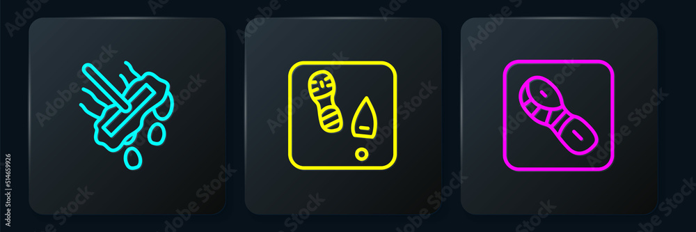 Set line Mop, Human footprints shoes and . Black square button. Vector