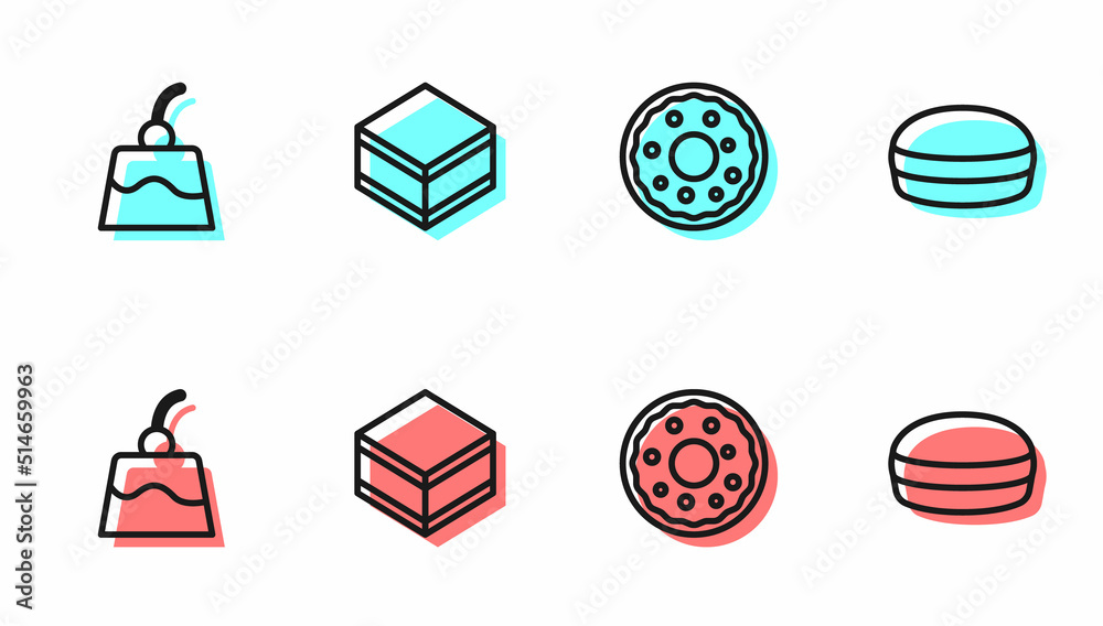 Set line Donut, Pudding custard, Brownie chocolate cake and Macaron cookie icon. Vector