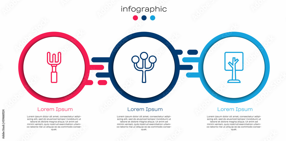 Set line Garden rake, Blossom tree branch and Forest. Business infographic template. Vector