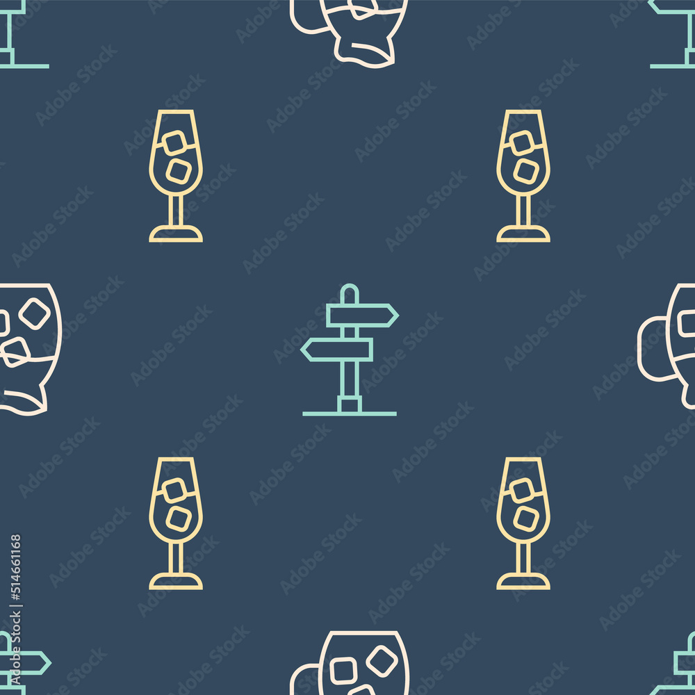 Set line Jug glass with water, Wine and Road traffic sign on seamless pattern. Vector