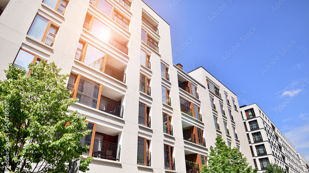 Modern luxury residential flat. Modern apartment building on a sunny day. Apartment building with a 