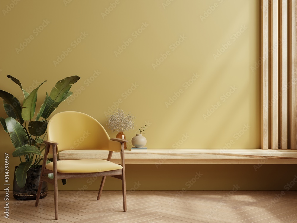 Home interior with yellow armchair and decor in yellow color living room.