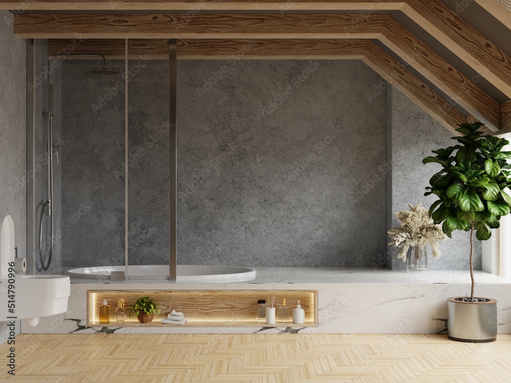 Modern loft bathroom interior design with wall concrete and wooden floor.