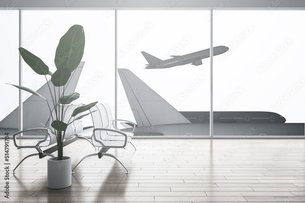 Creative airport waiting area interior with reflections on floor, wooden flooring, decorative plants