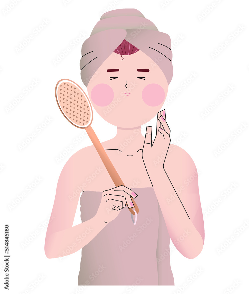 Young woman with body brush after shower on white background