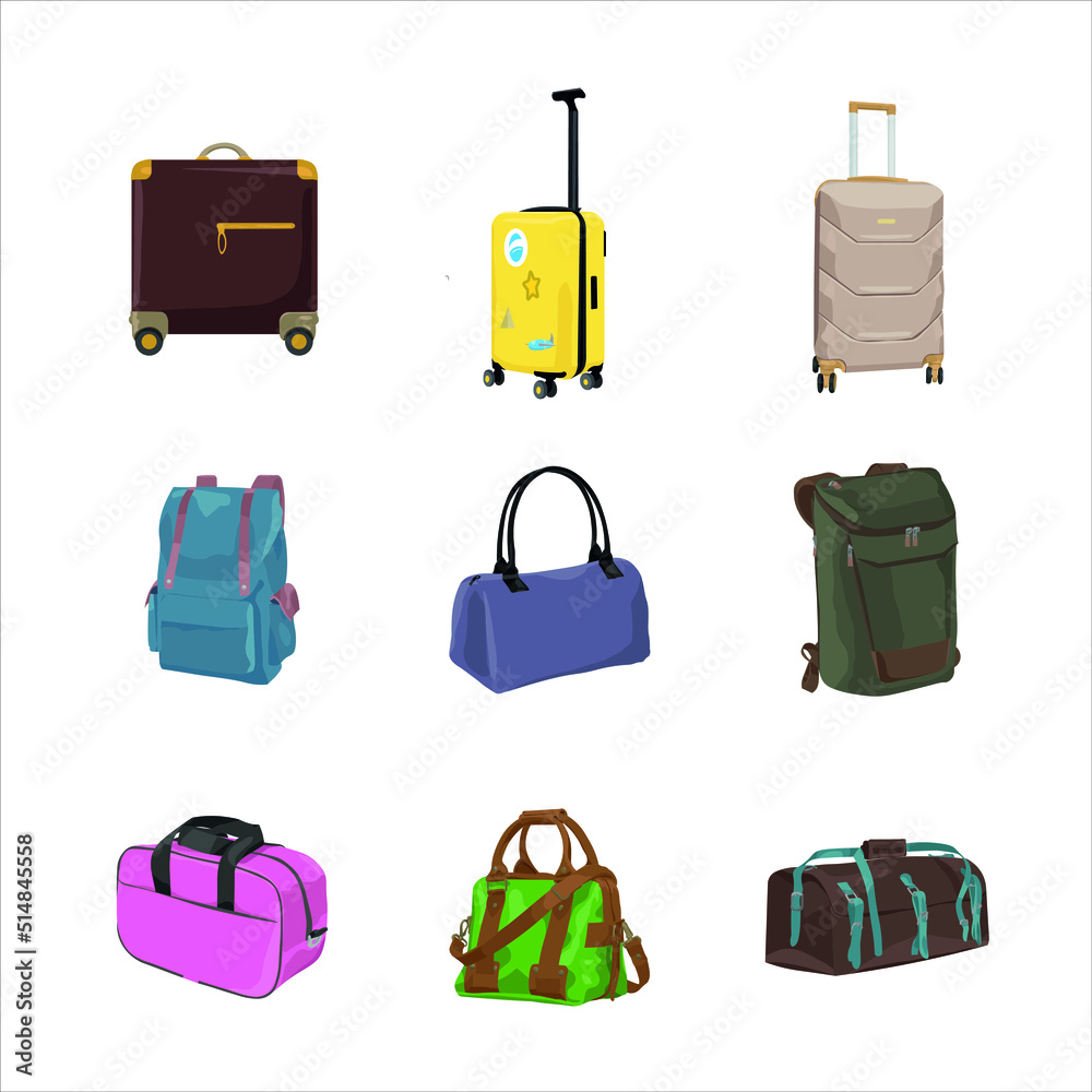 Set of travelers luggage on white background