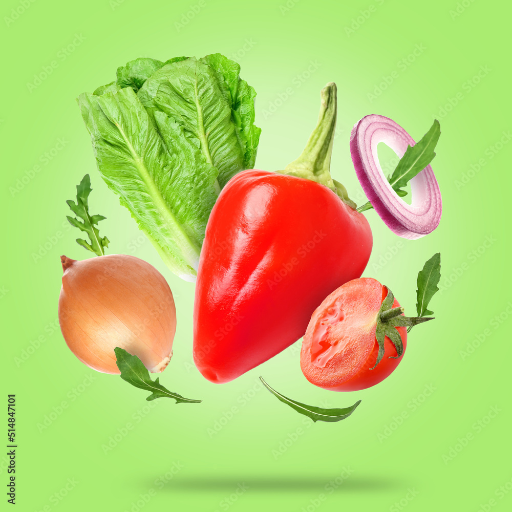 Flying fresh vegetables and herbs on green background