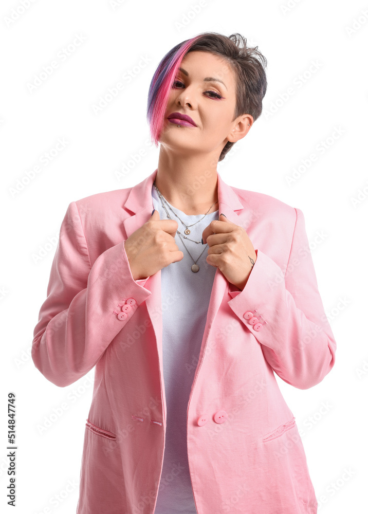 Beautiful woman with short dyed hair on white background