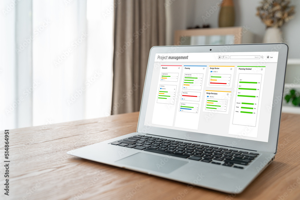 Project planning software for modish business project management on the computer screen showing time