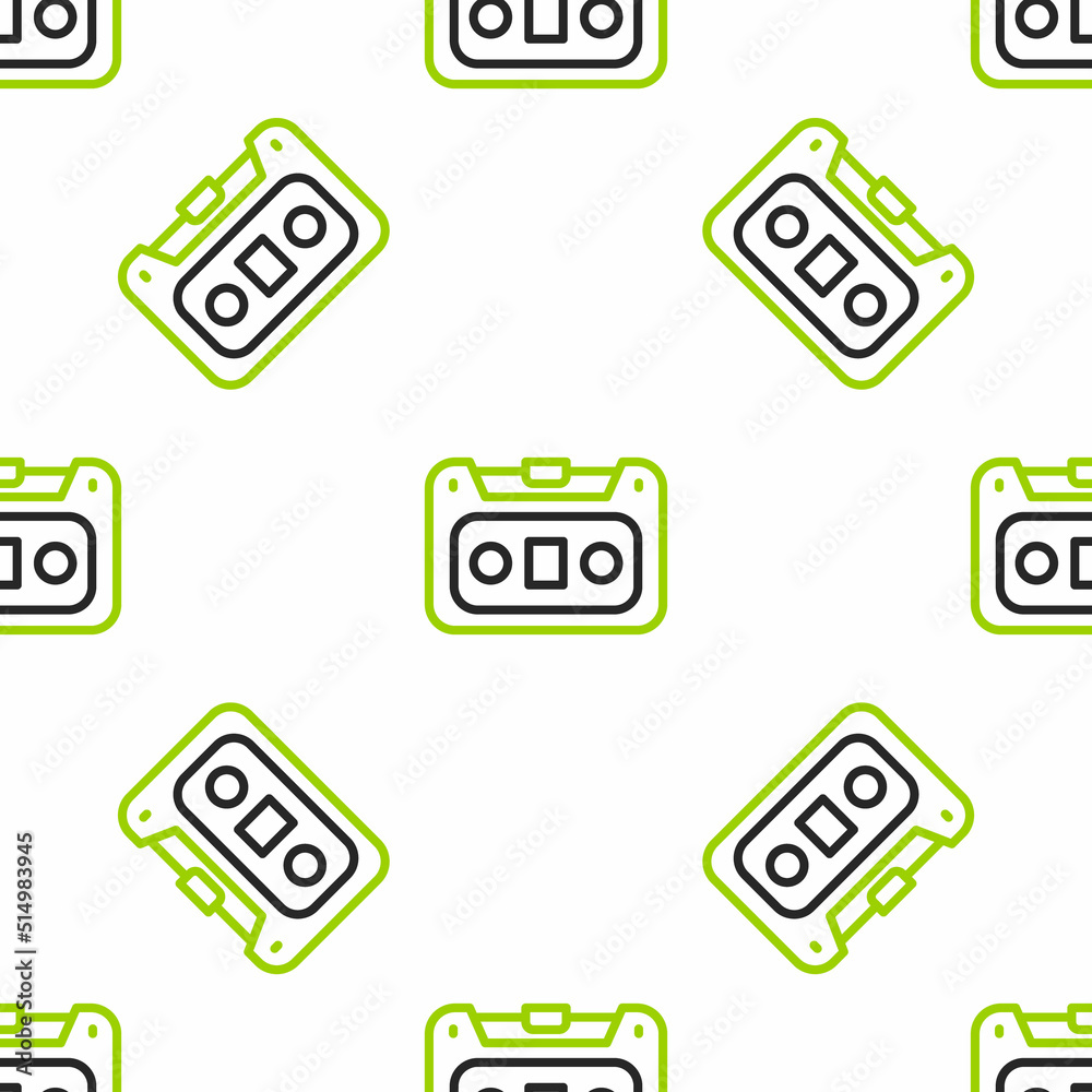 Line Retro audio cassette tape icon isolated seamless pattern on white background. Vector