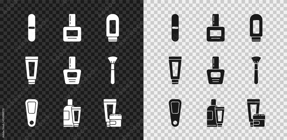 设置指甲锉、指甲油瓶、面霜或乳液化妆管、手镜和图标。矢量