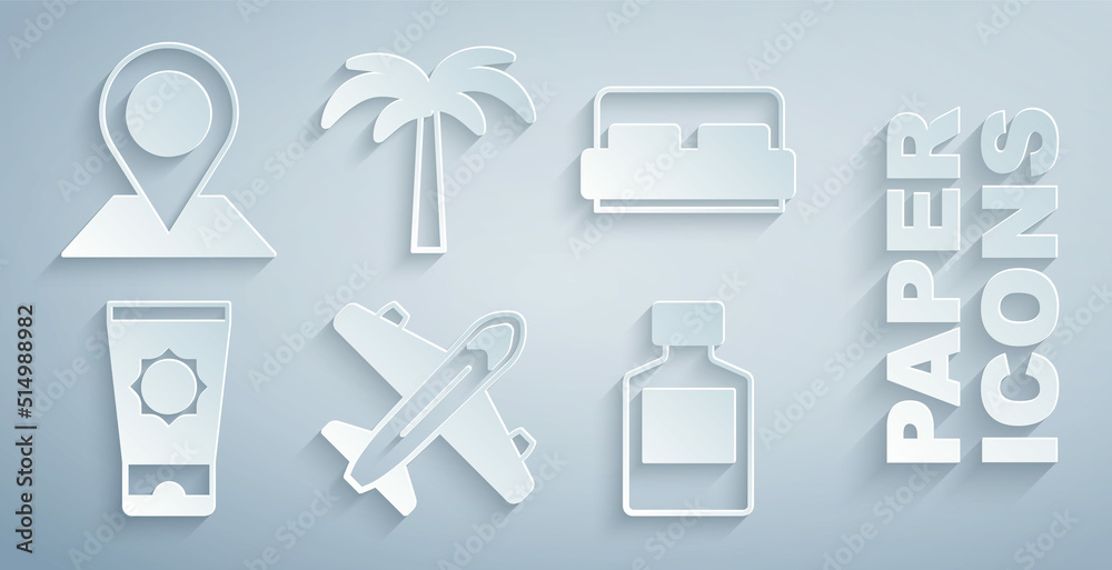 Set Plane, Hotel room bed, Sunscreen cream in tube, Whiskey bottle, Tropical palm tree and Location 