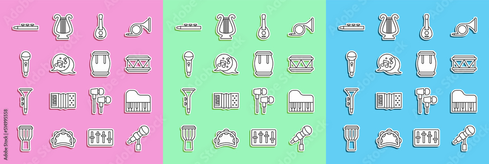 Set line Microphone, Grand piano, Drum, Guitar, Music note, tone, drum sticks and icon. Vector