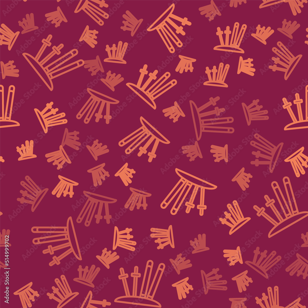 Brown line Ski and sticks icon isolated seamless pattern on red background. Extreme sport. Skiing eq