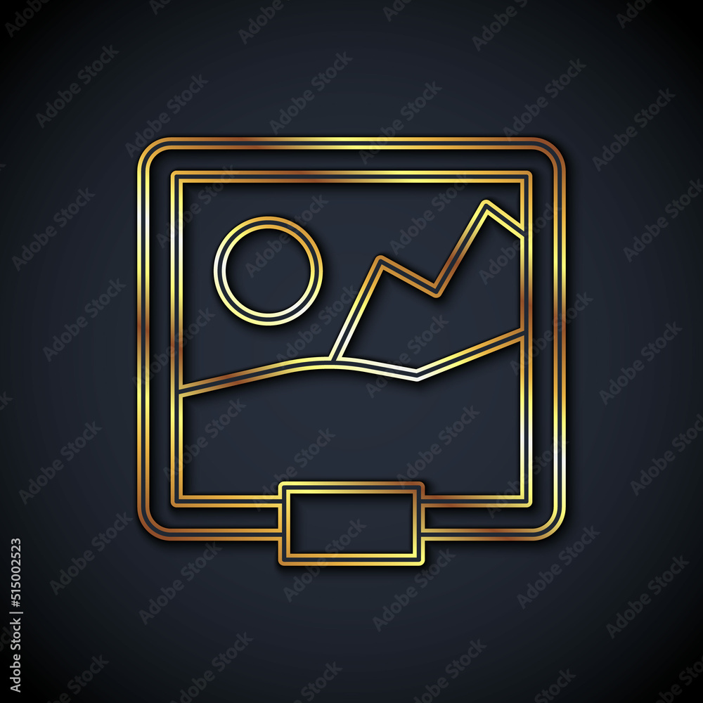 Gold line Picture icon isolated on black background. Vector