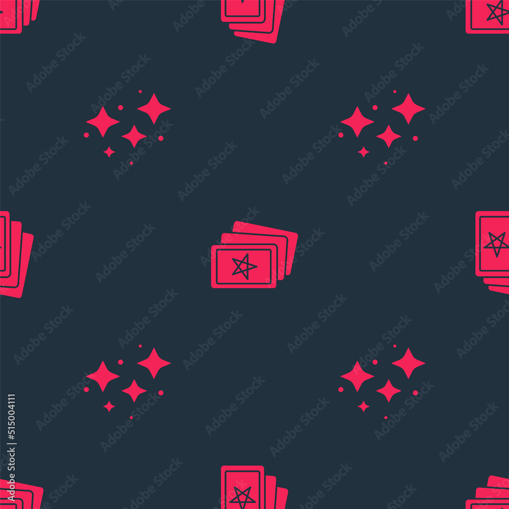 Set Sparkle stars with magic and Three tarot cards on seamless pattern. Vector