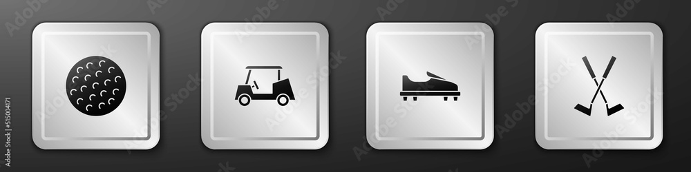 Set Golf ball, car, shoe and Crossed golf club icon. Silver square button. Vector