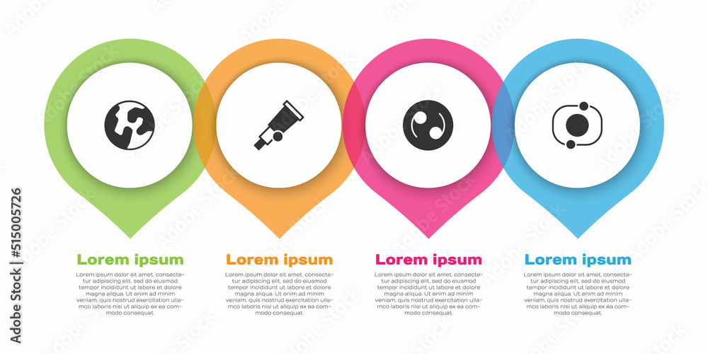 设置地球仪、望远镜、癌症黄道带和太阳系。商业信息图表模板。矢量