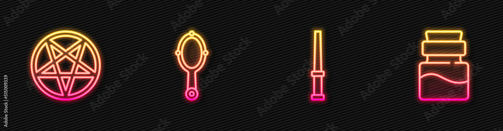 Set line Magic wand, Pentagram in circle, hand mirror and Bottle with potion. Glowing neon icon. Vec