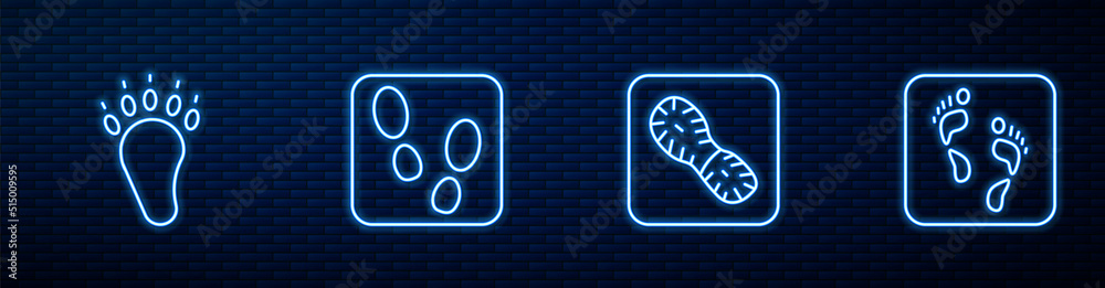 Set line Human footprints shoes, Bear paw, and . Glowing neon icon on brick wall. Vector