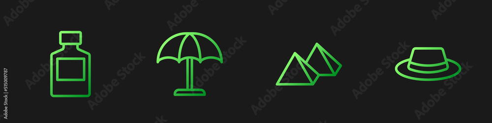 埃及金字塔、威士忌瓶、防晒伞和带缎带的人帽。渐变c