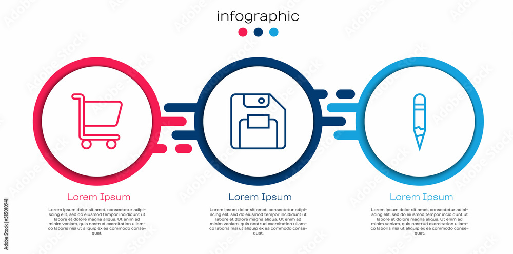 Set line Shopping cart, Floppy disk and Pencil. Business infographic template. Vector