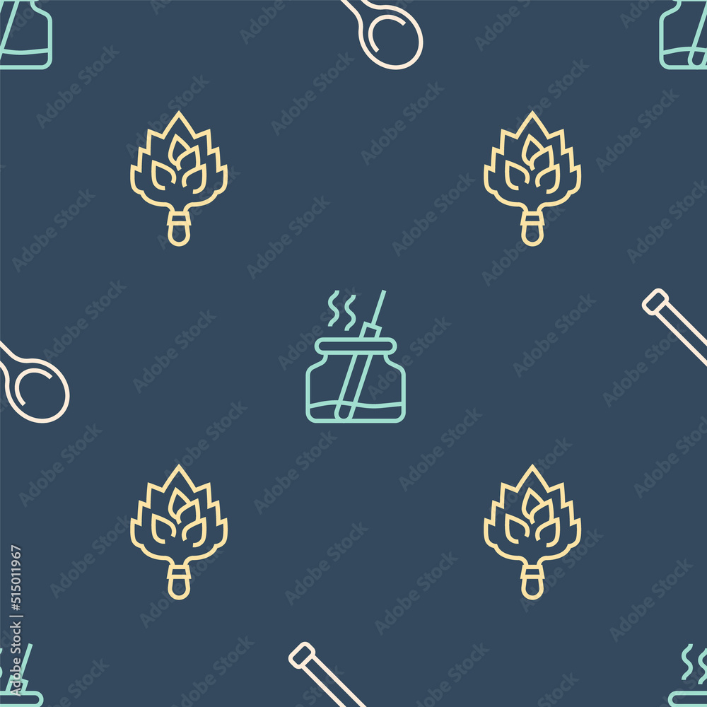 Set line Sauna ladle, broom and Aroma diffuser on seamless pattern. Vector