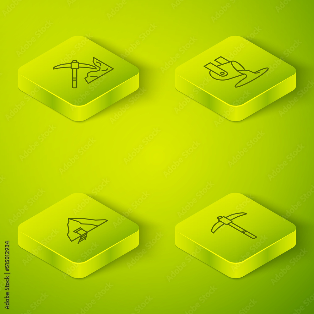 Set Isometric line Molten gold being poured, Gold mine, Pickaxe and mining icon. Vector