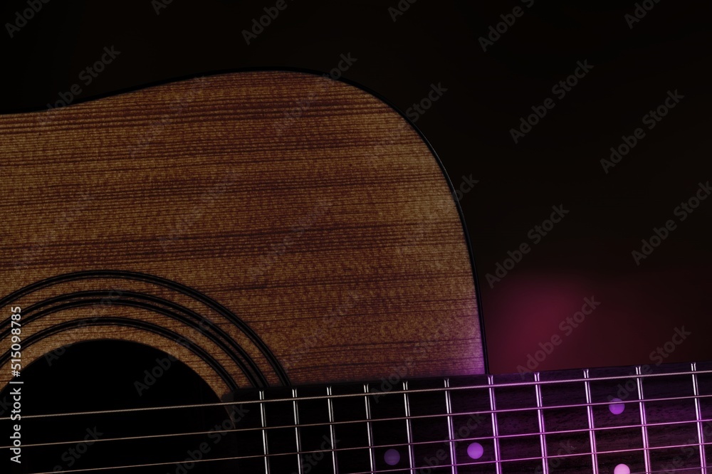 Modern guitar on a dark background under beam of colored light, guitar music low-key concept