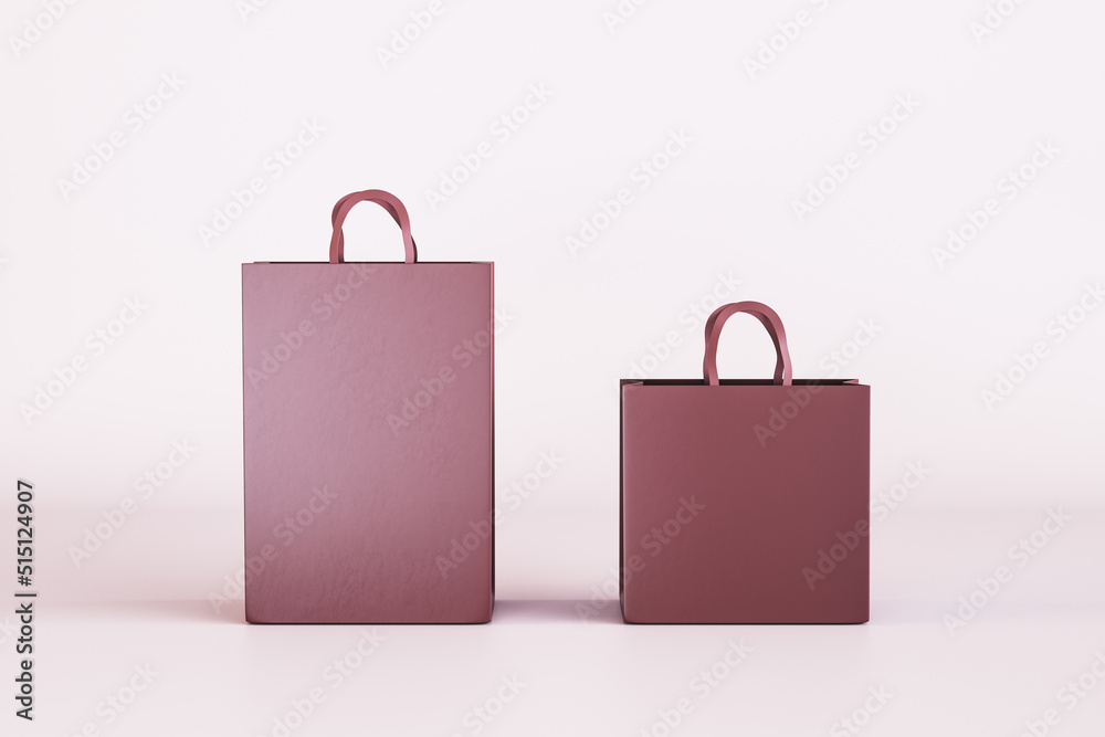 Two empty pink shopping bags on light background. Purcashe and mock up place concept. 3D Rendering.