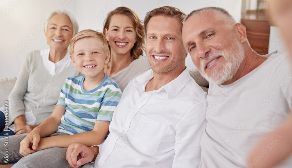 Portrait of happy generational caucasian family taking selfies at home. Little boy relaxing and bond